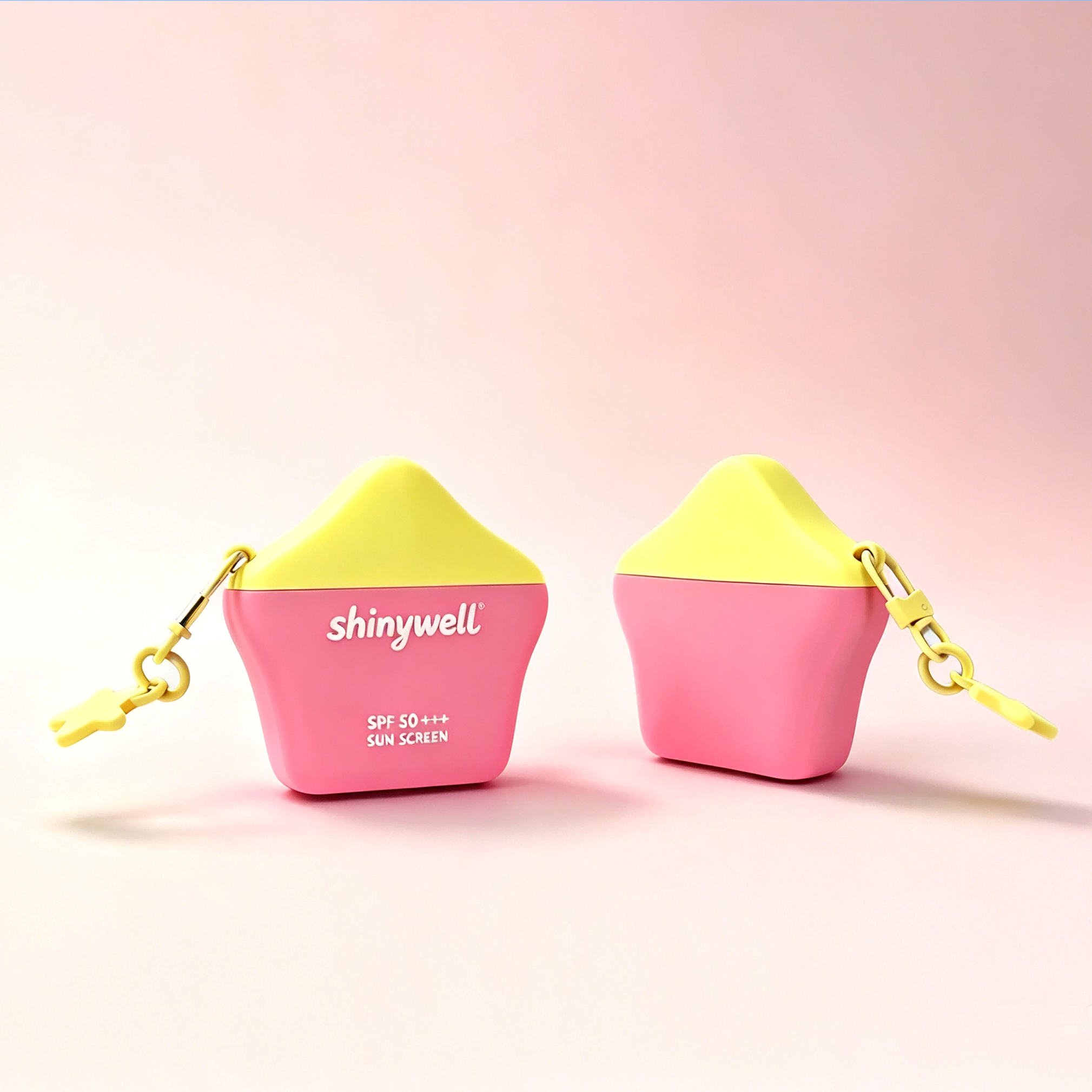 Capsule shaped Sunscreen Squeeze Bottle set, portable refillable travel squeeze container with split cover and star charm keyring, multi-angle product showcase